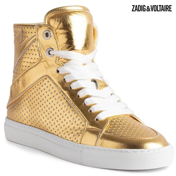 ZADIG & VOLTAIRE WOMEN NEW FLASH GOLD METALLIC LEATHER HIGH TOP SNEAKER. SZ 37/7 - Picture 1 of 15